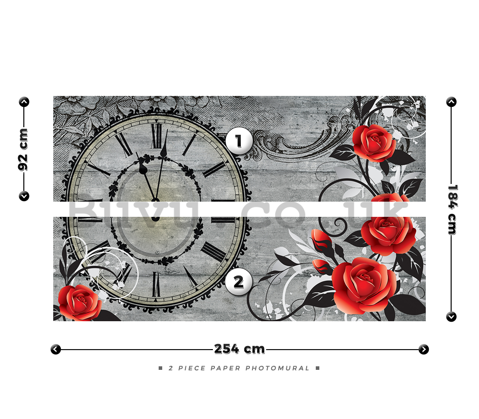 Wall Mural: Clock with roses - 184x254 cm