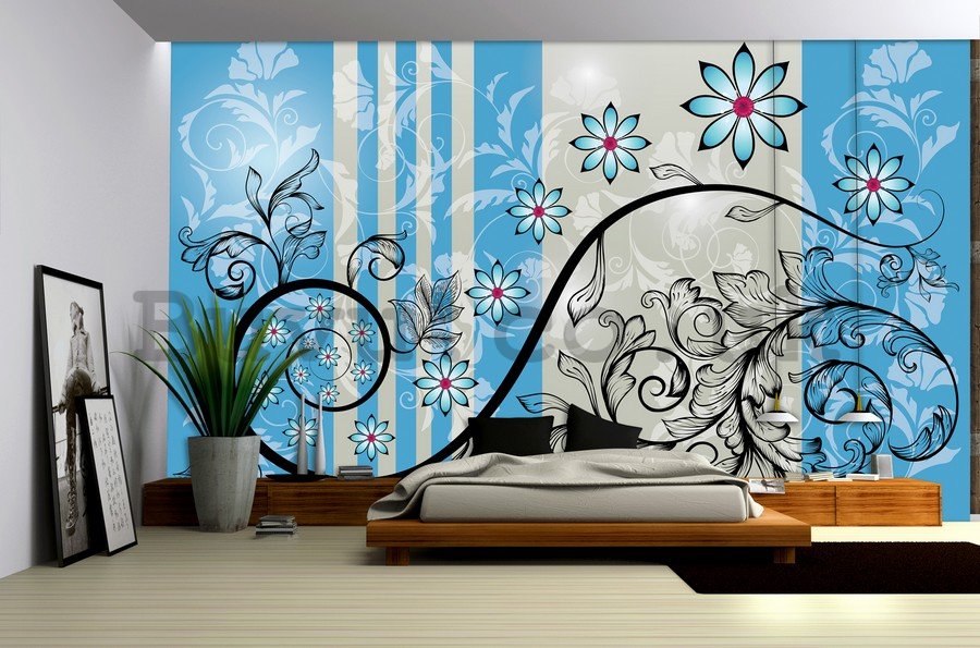 Wall Mural: Floral abstract (blue) - 184x254 cm