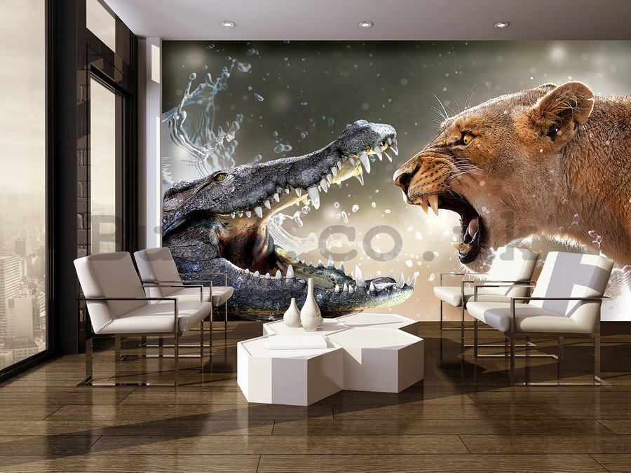 Wall Mural: Lioness and Crocodile - 184x254 cm