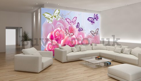 Wall Mural: Pink roses and butterflies - 184x254 cm