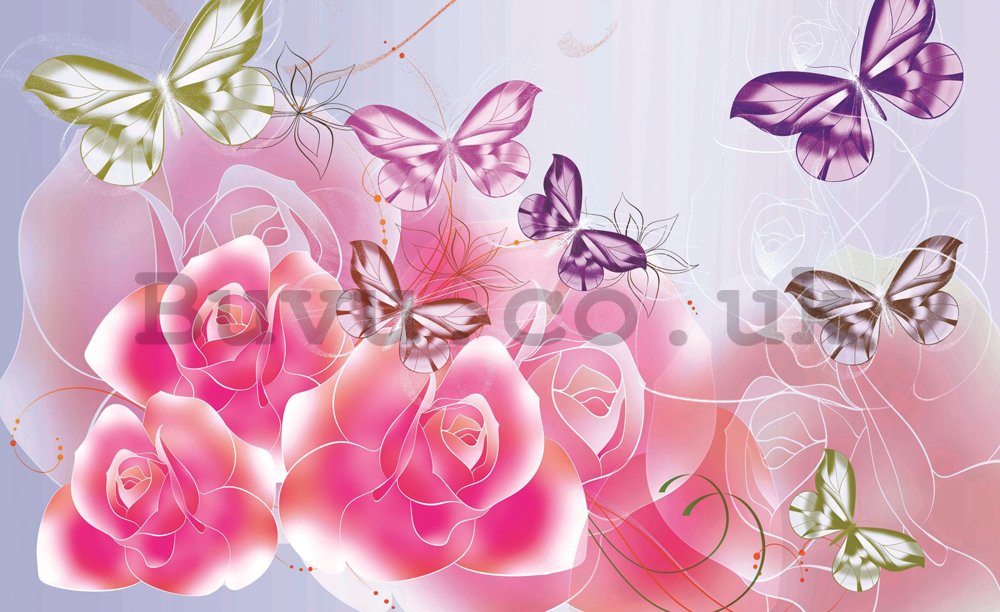 Wall Mural: Pink roses and butterflies - 184x254 cm