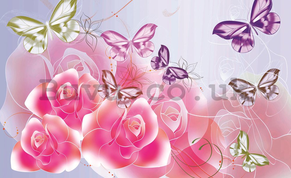 Wall Mural: Pink roses and butterflies - 254x368 cm