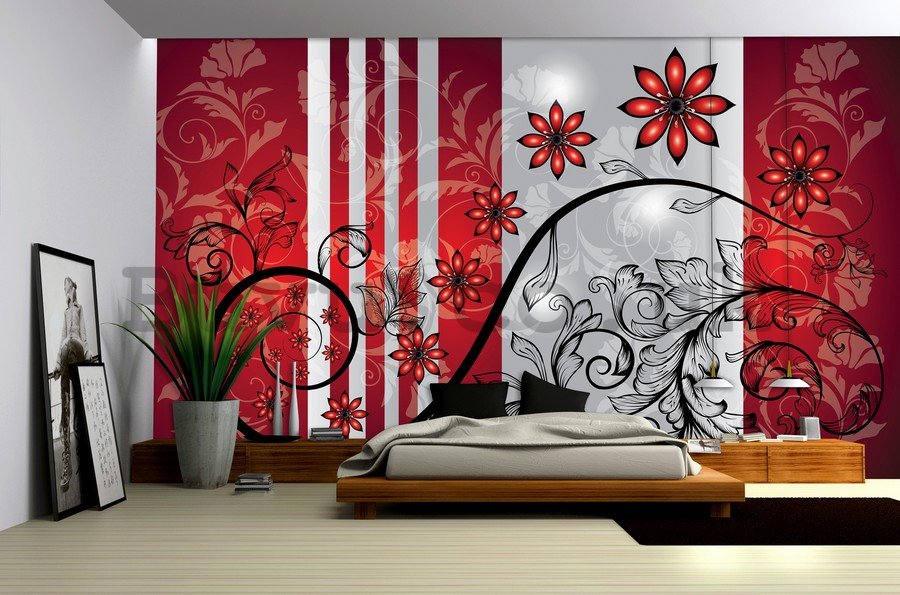 Wall mural vlies: Red flowers (pattern) - 254x368 cm