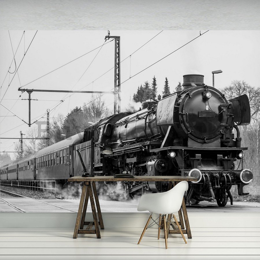 Wall Mural: Steam locomotive (black and white) - 184x254 cm