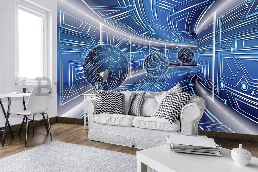 Wall mural vlies: 3D Sci-fi tunnel (blue) - 254x368 cm