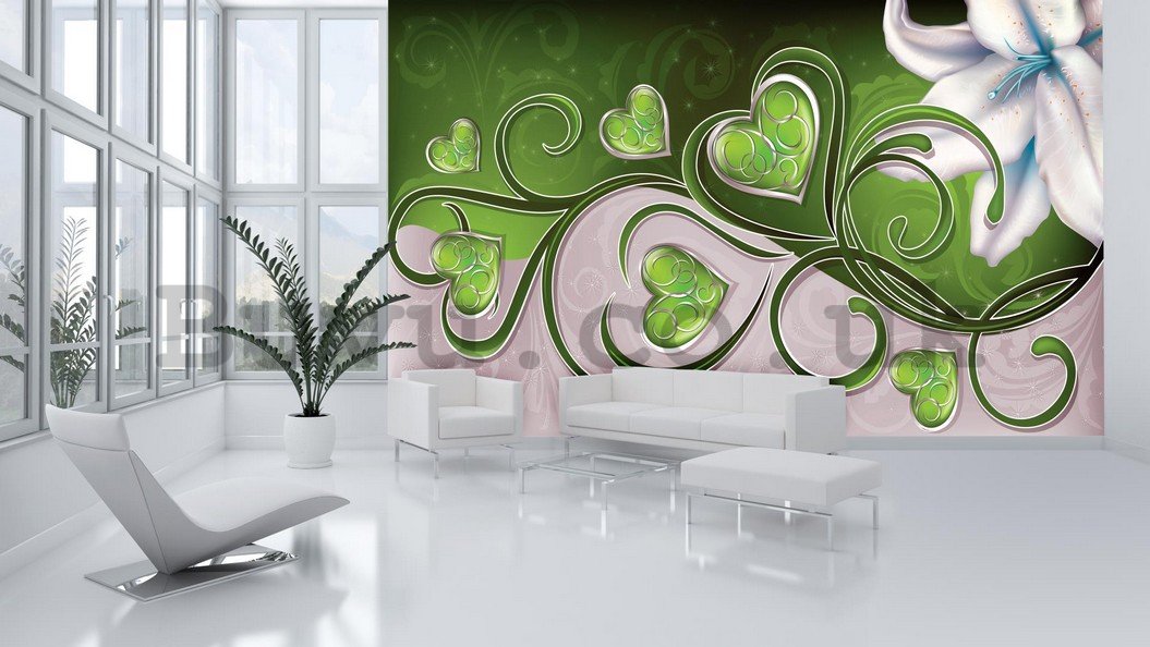 Wall Mural: Little hearts and Lilies (green) - 254x368 cm