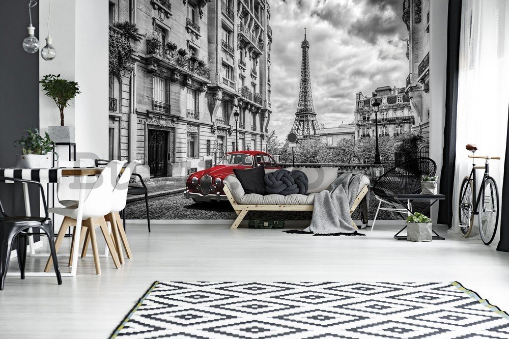 Wall mural vlies: Eiffel Tower and a Vintage Car - 254x368 cm