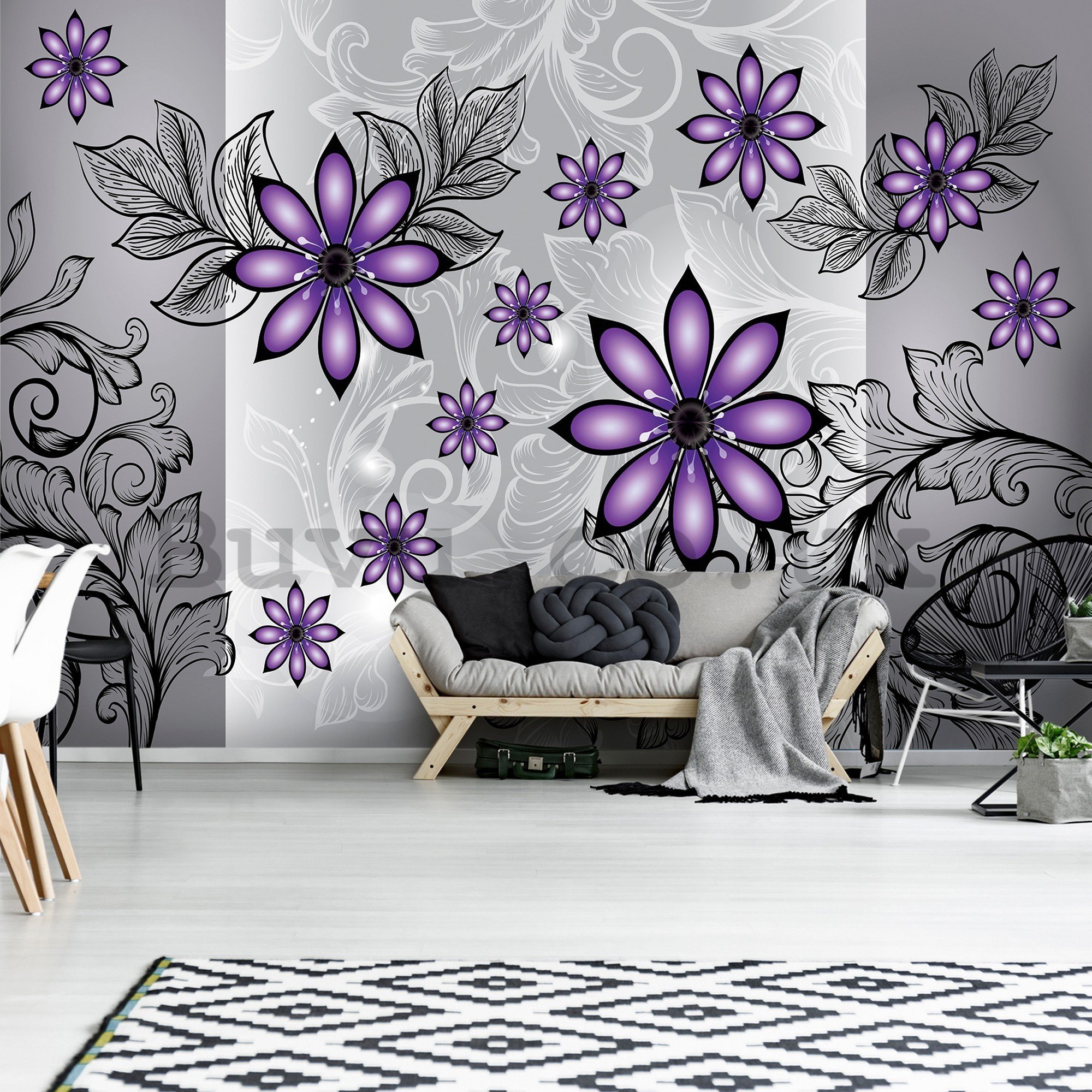 Wall mural vlies: Violet flowers (pattern) - 416x254 cm