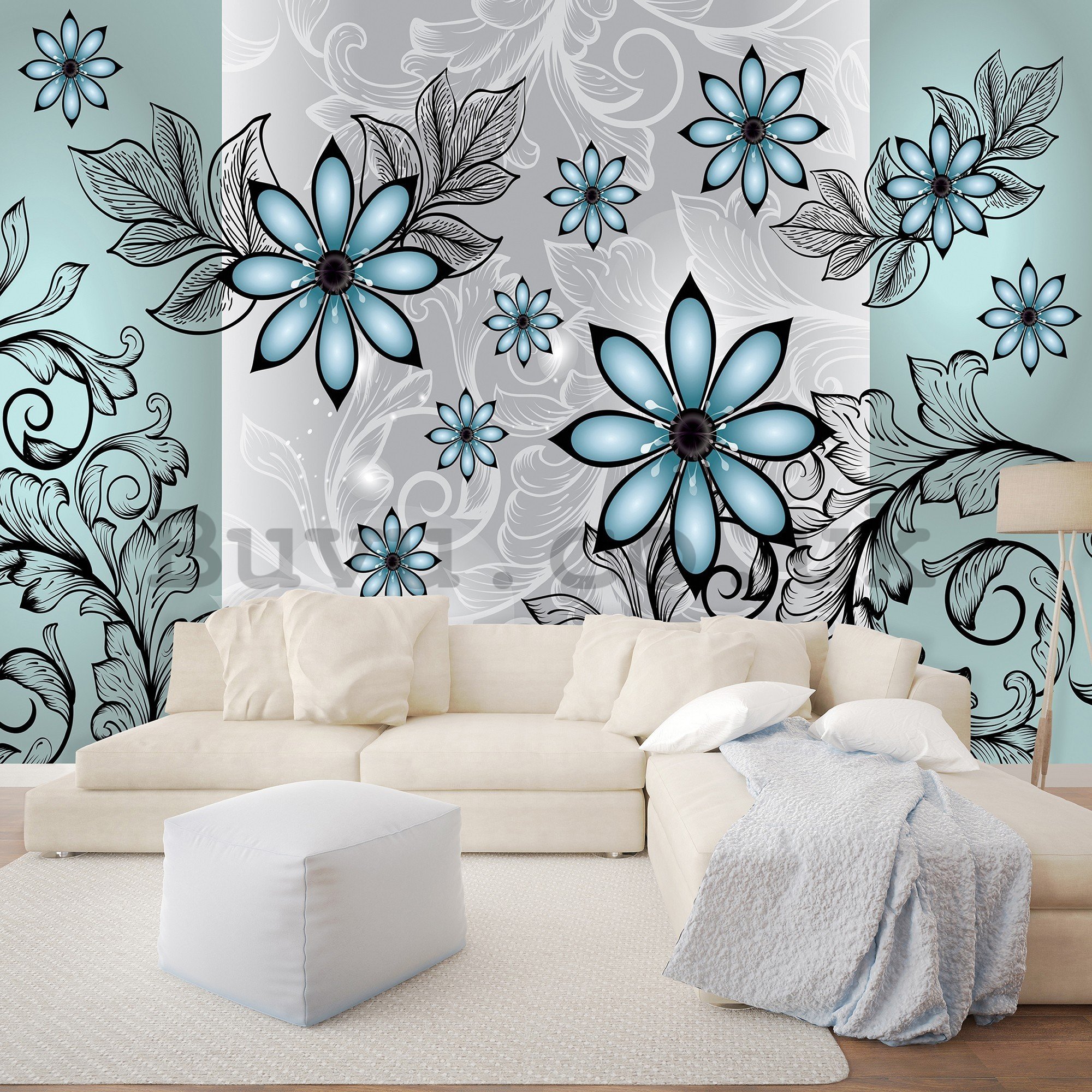 Wall mural vlies: Turquoise flowers - 416x254 cm