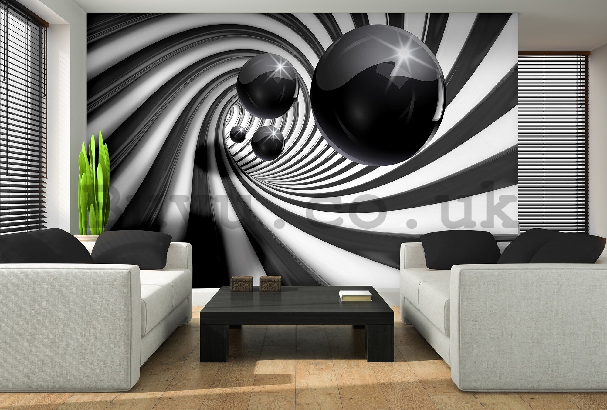 Wall mural vlies: Black marbles and spiral - 416x254 cm