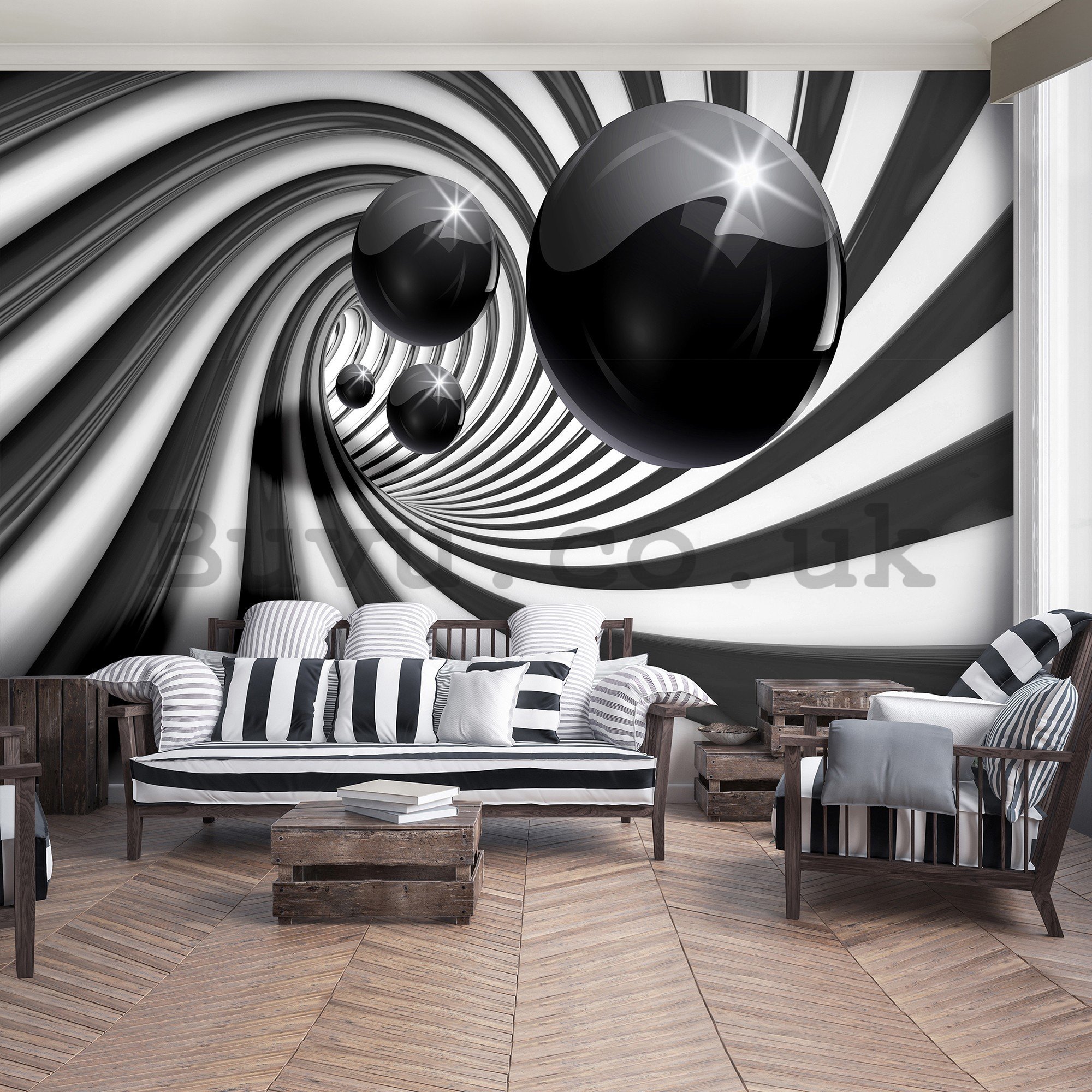 Wall mural vlies: Black marbles and spiral - 416x254 cm