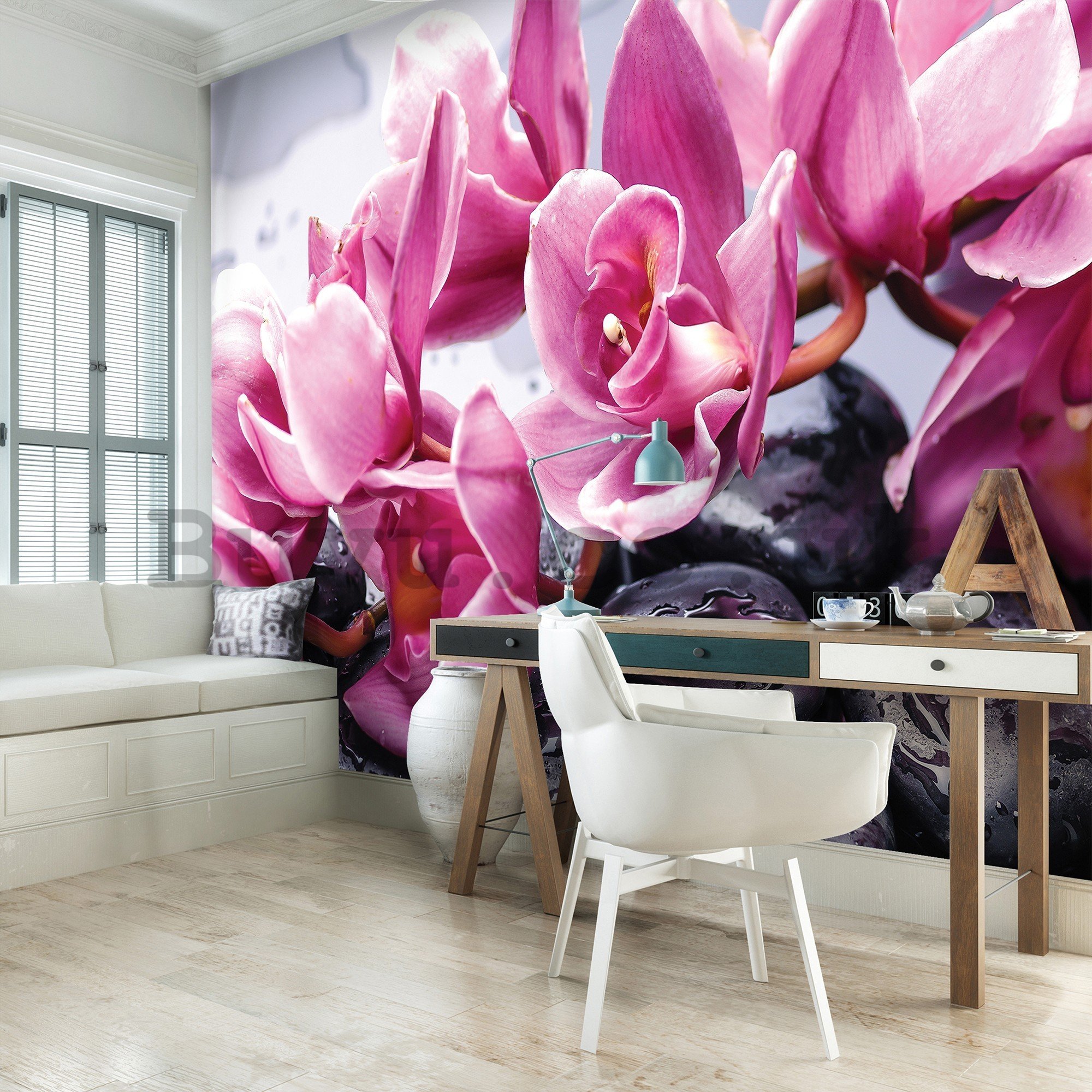 Wall mural vlies: Spa stones and pink orchids - 416x254 cm