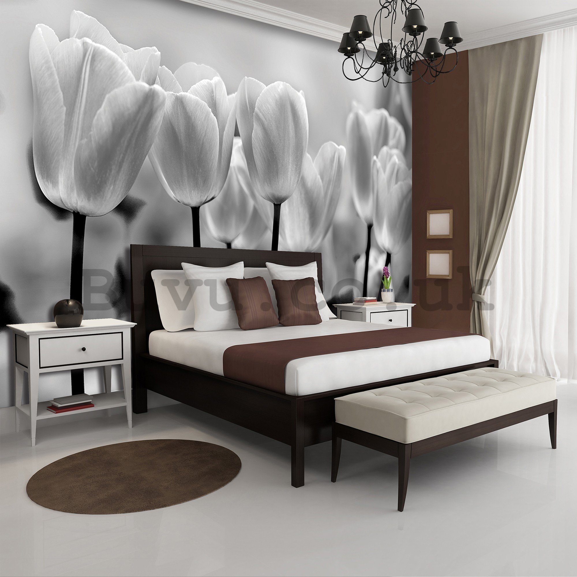 Wall mural vlies: White and black tulips - 416x254 cm