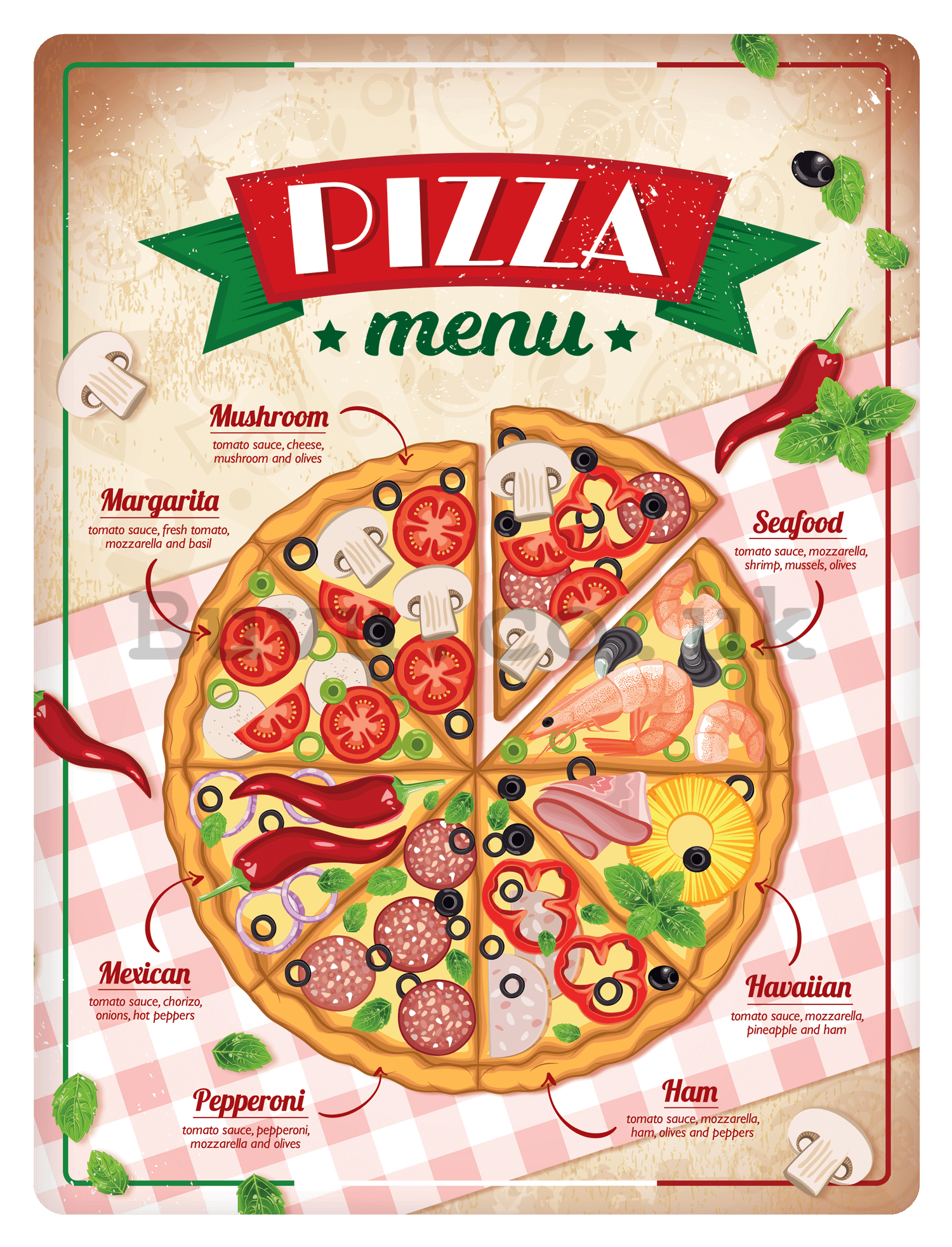Metal sign: Pizza menu - 30x40 cm