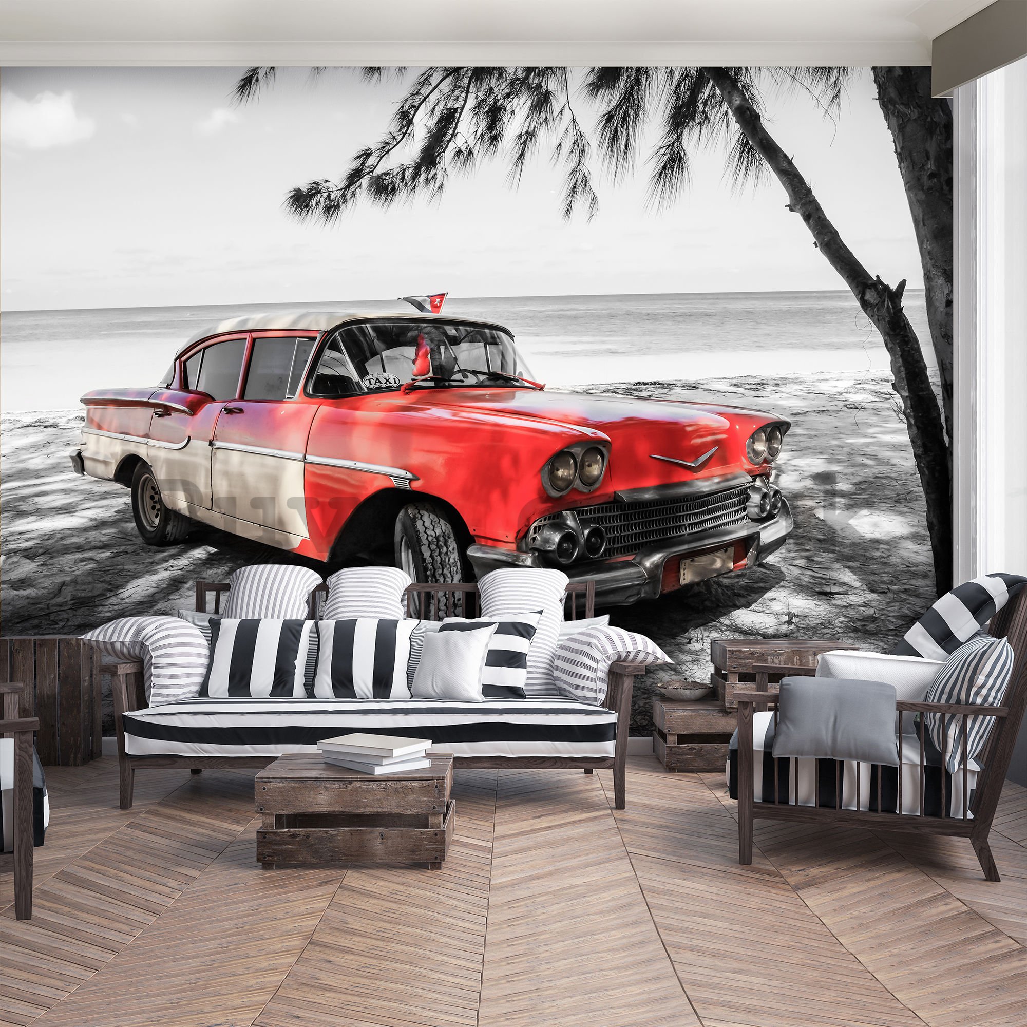 Wall mural: Cuba red car by the sea - 254x368 cm