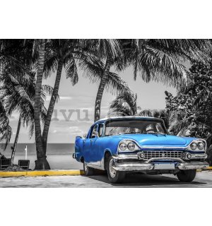 Wall mural vlies: Cuba blue car by the sea - 184x254 cm