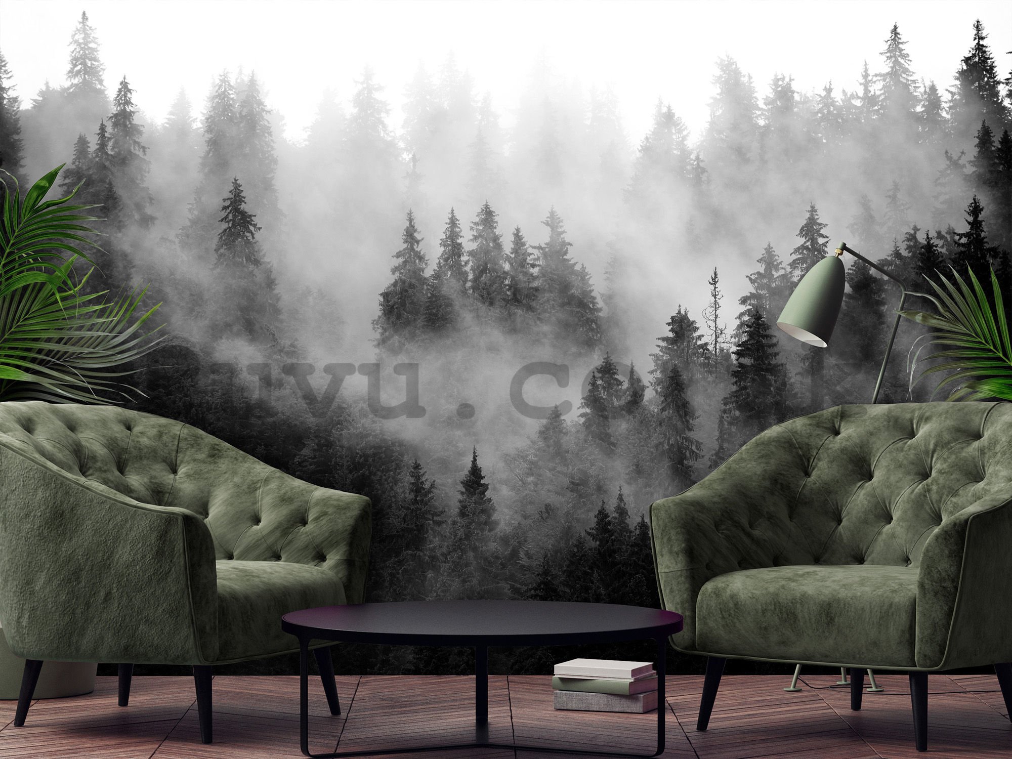 Wall mural vlies: Fog Over Forest (Black & White) - 416x254 cm