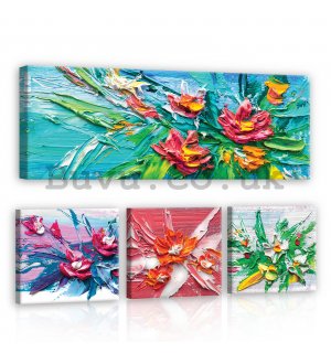 Painting on canvas: Painted flowers - set 1pc 80x30 cm and 3pc 25,8x24,8 cm