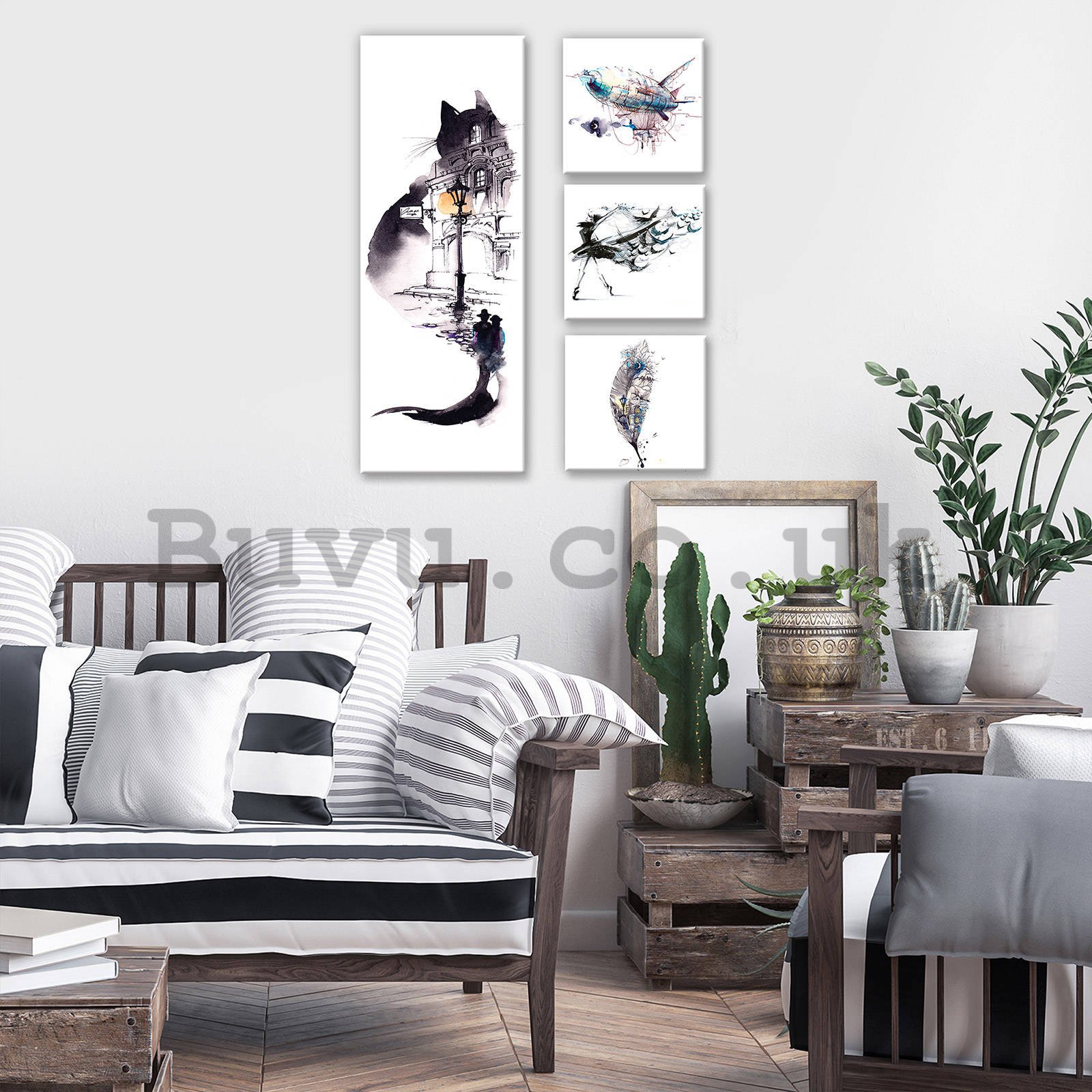 Painting on canvas: Black and white cat - set 1pc 80x30 cm and 3pc 25,8x24,8 cm
