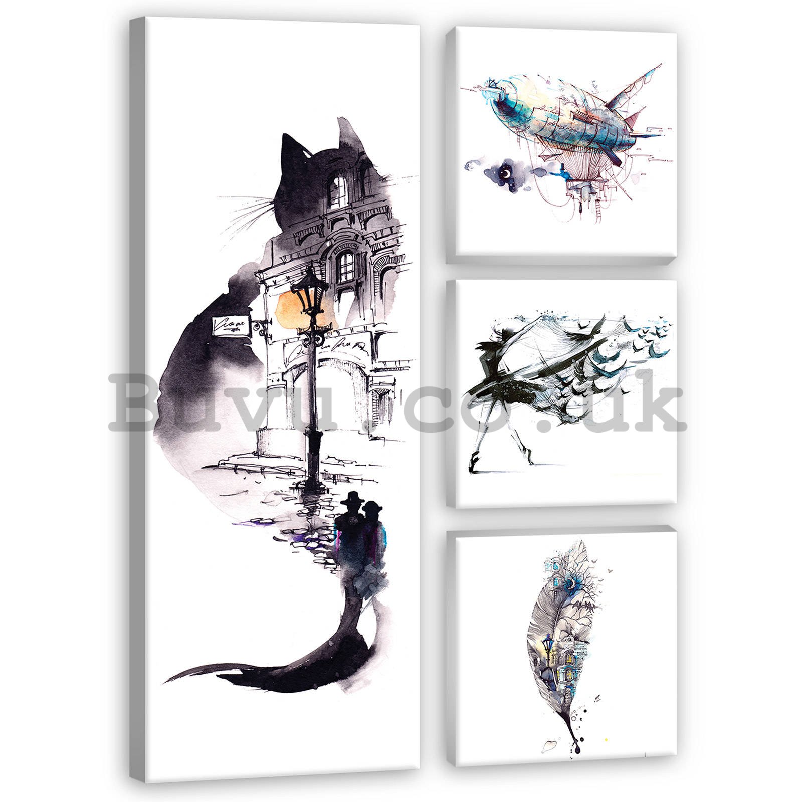 Painting on canvas: Black and white cat - set 1pc 80x30 cm and 3pc 25,8x24,8 cm