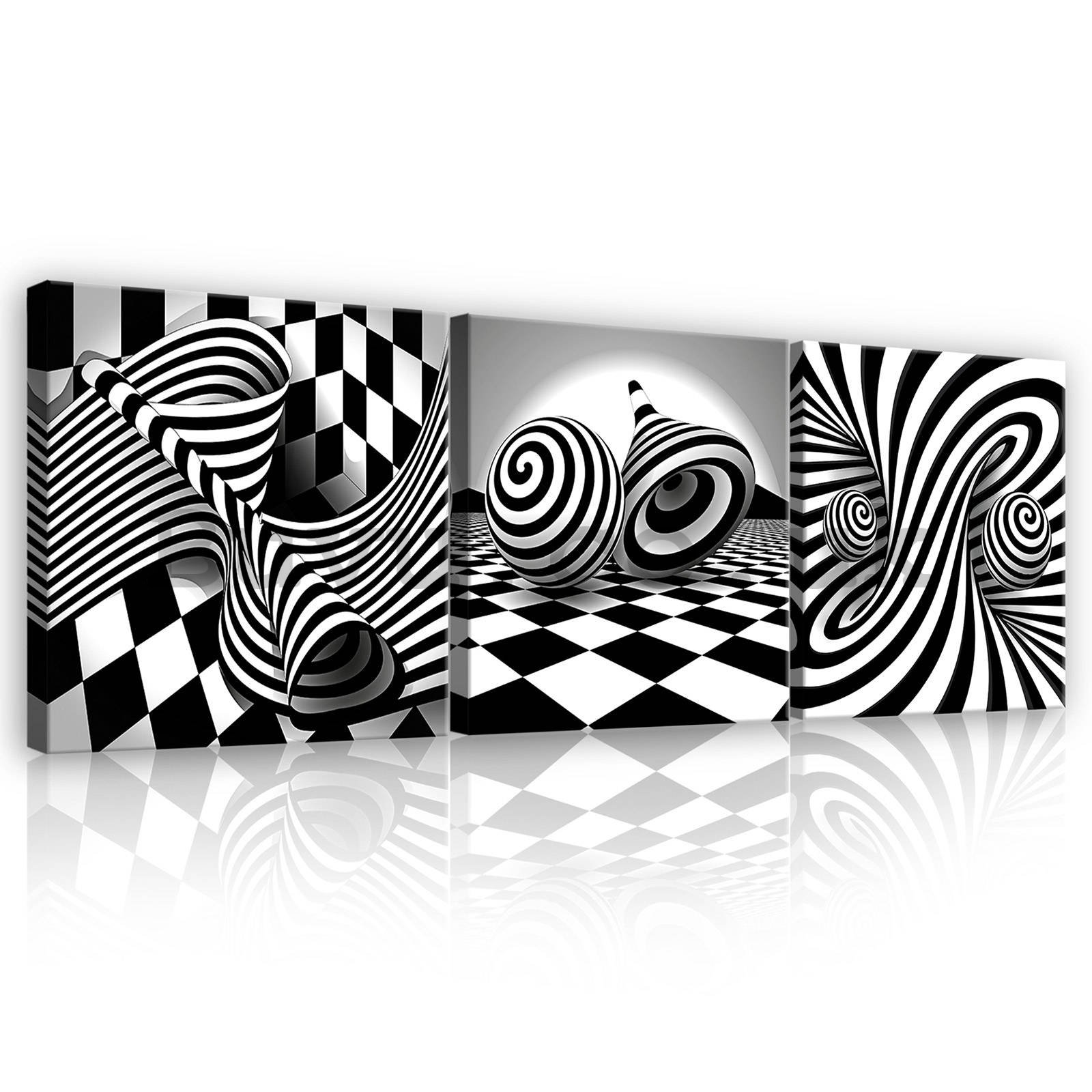 Painting on canvas: 3D black and white spirals and cubes - set 3pcs 25x25cm