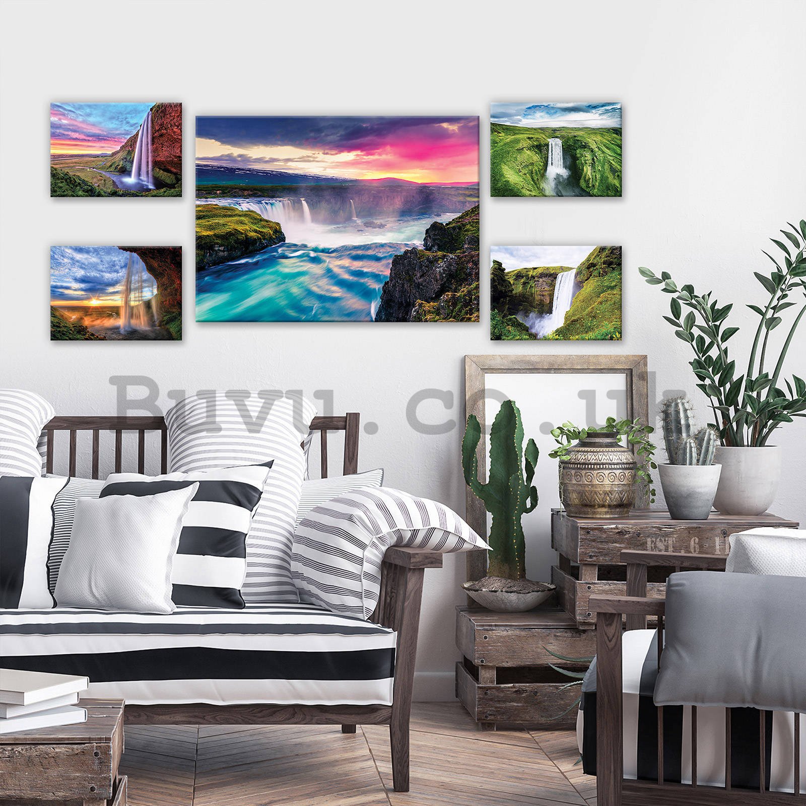 Painting on canvas: Waterfalls at sunrise - set 1pc 70x50 cm and 4pc 32,4x22,8 cm