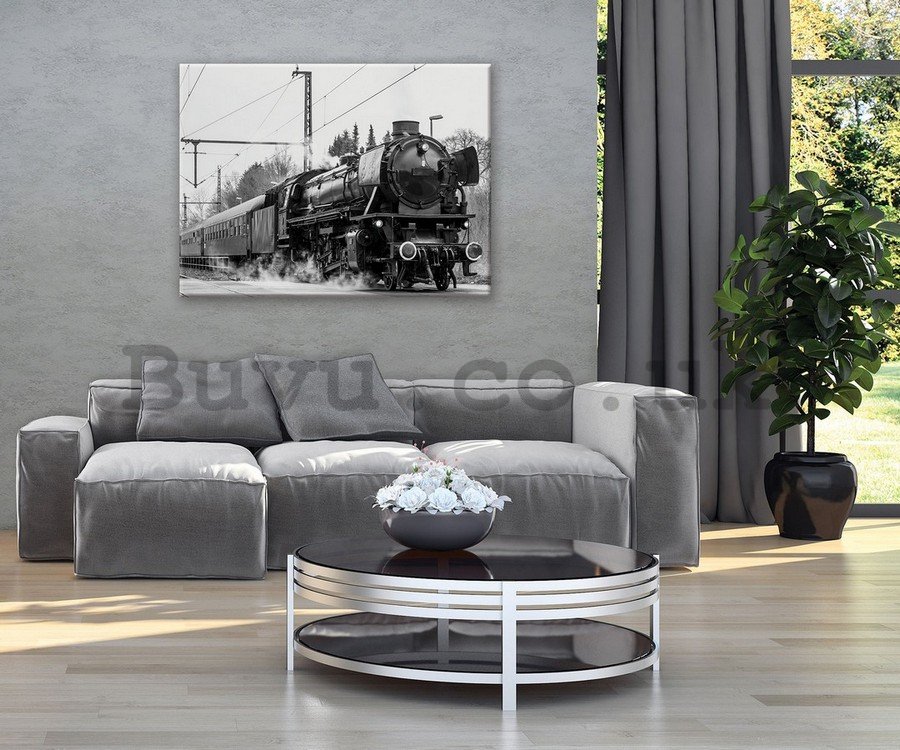 Painting on canvas: Steam locomotive (black and white) - 75x100 cm