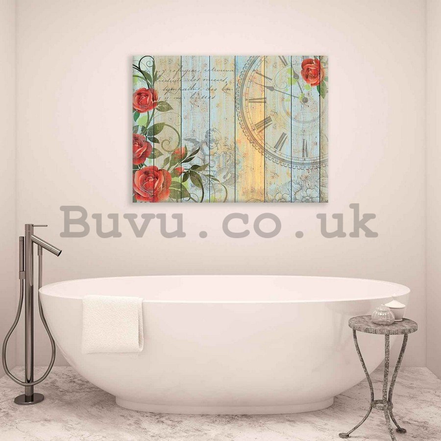 Painting on canvas: Clock with Roses - 75x100 cm