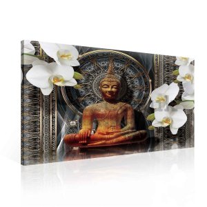 Painting on canvas: Buddha and white orchids (1) - 75x100 cm