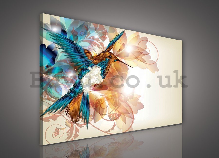 Painting on canvas: Abstract flowers and hummingbird - 75x100 cm