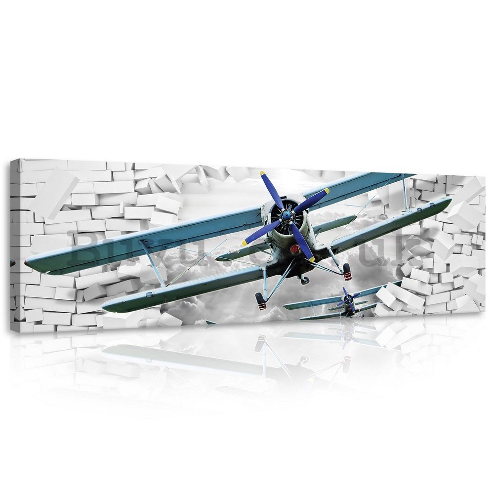 Painting on canvas: Biplane in the wall - 145x45 cm