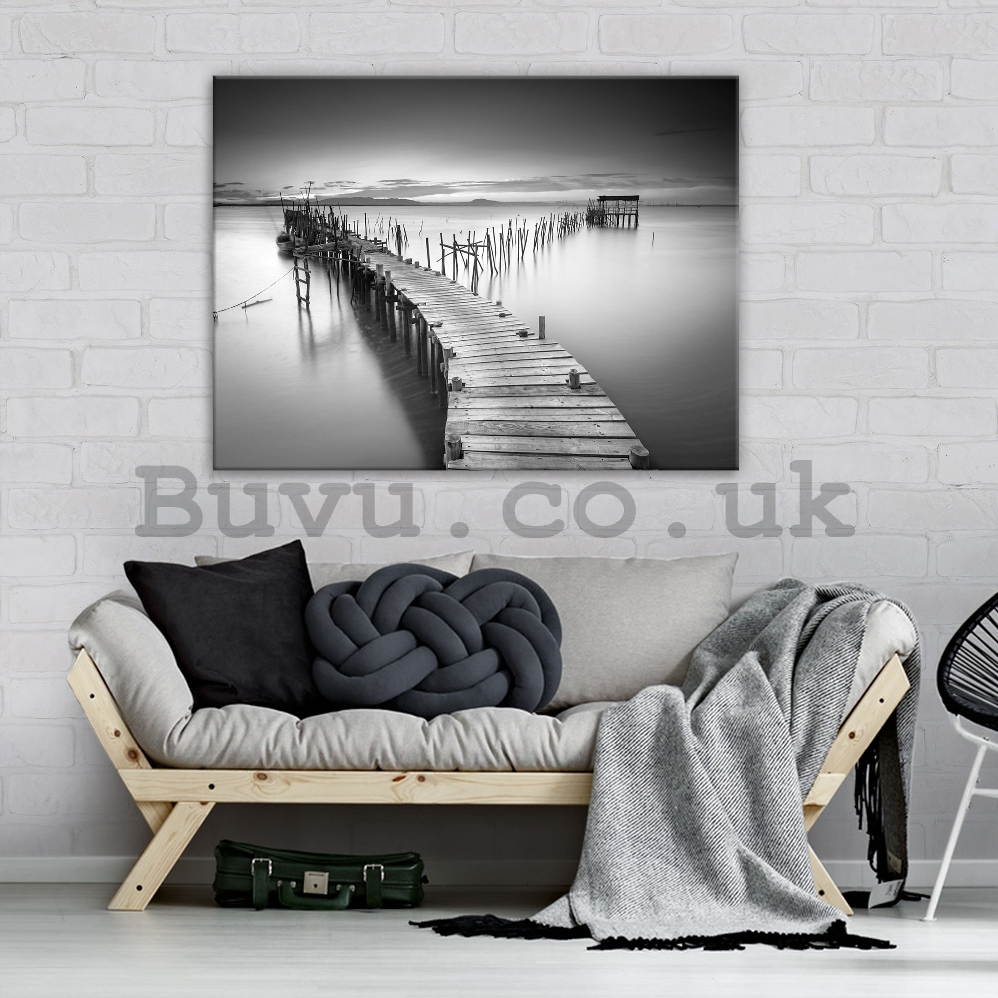 Painting on canvas: Wooden pier (B&W) - 75x100 cm
