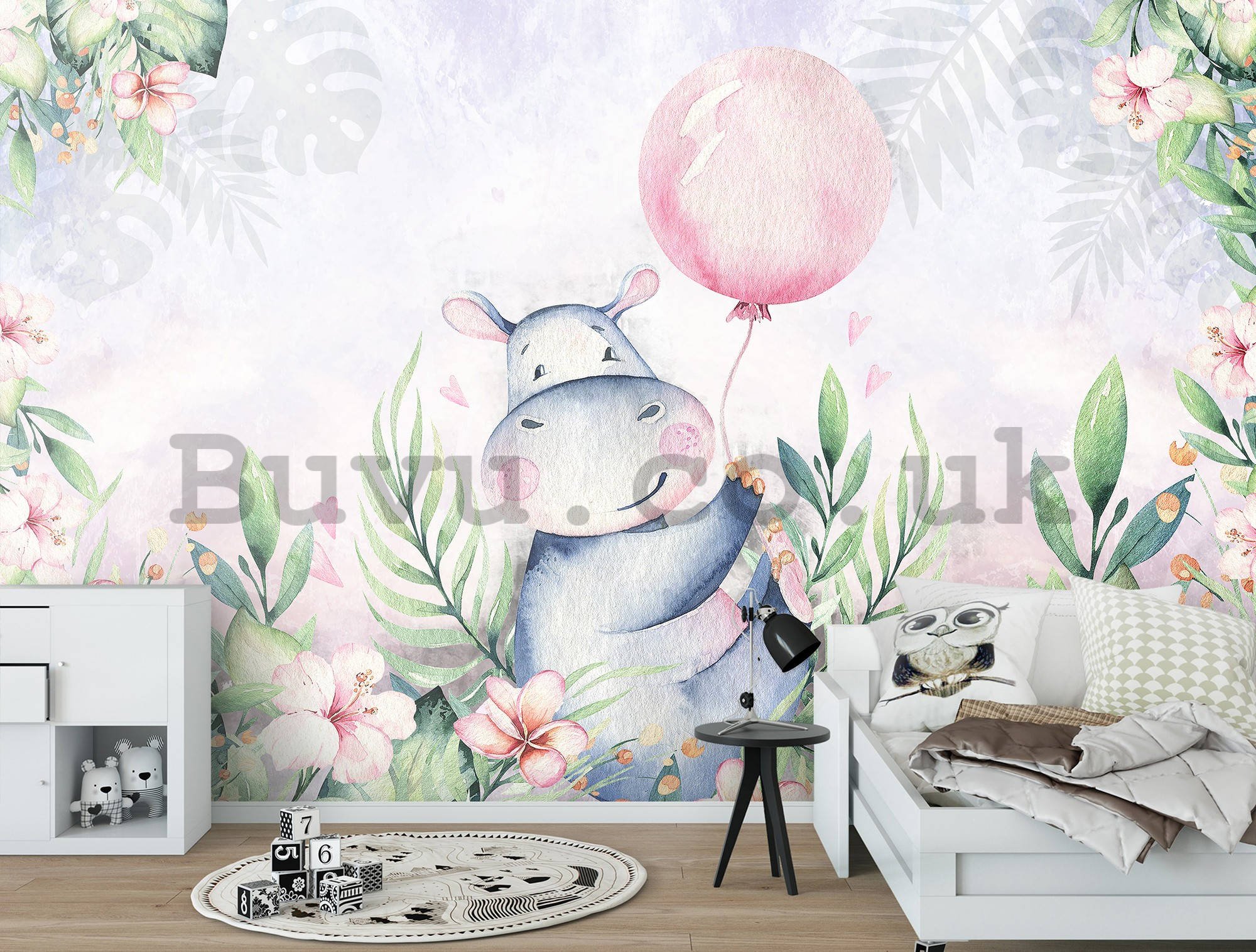 Wall mural vlies: Hippo and balloon - 254x184 cm