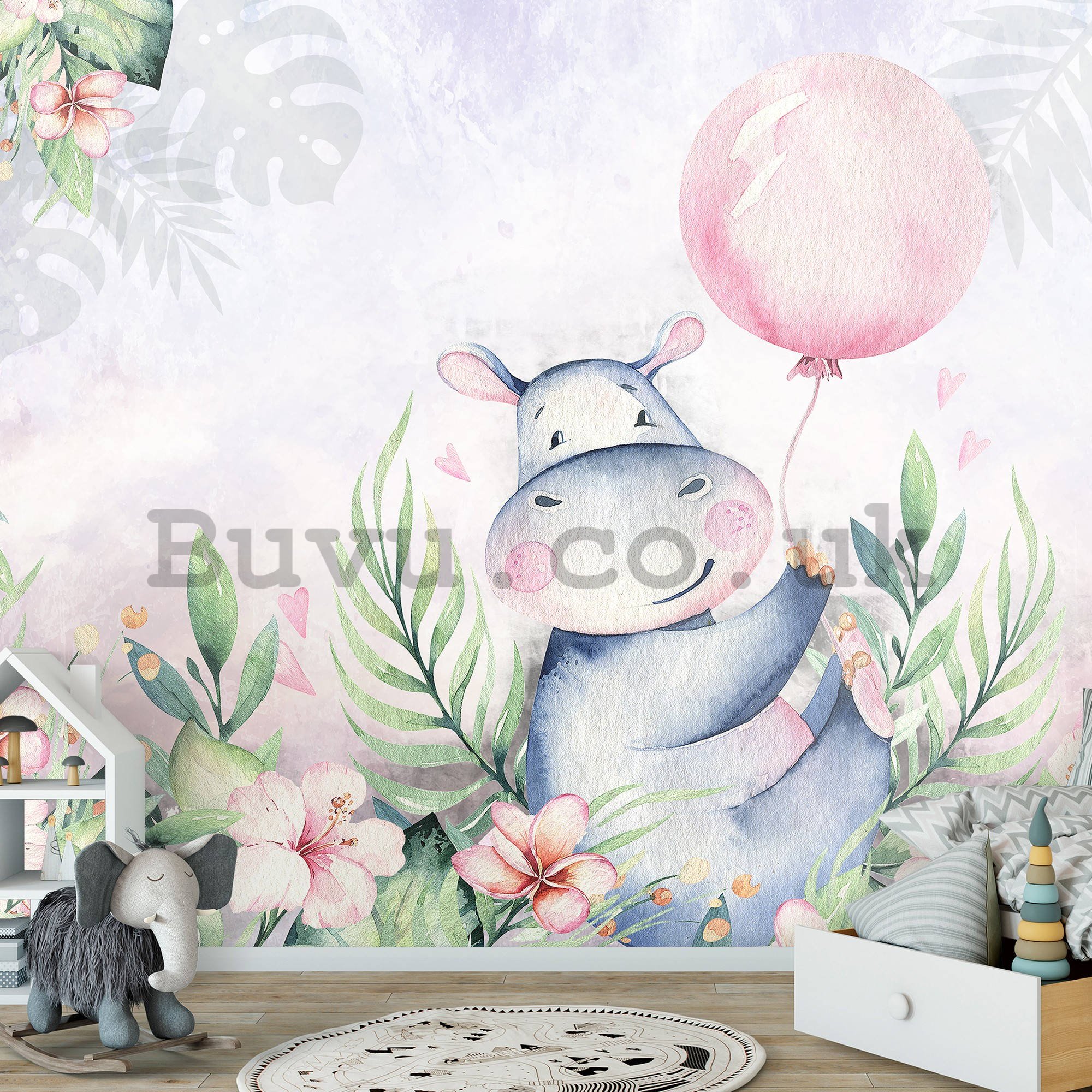 Wall mural vlies: Hippo and balloon - 368x254 cm