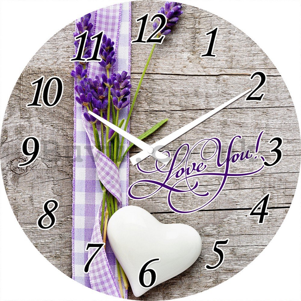 Glass wall clock: Love You! (Lavender and heart) - 30 cm