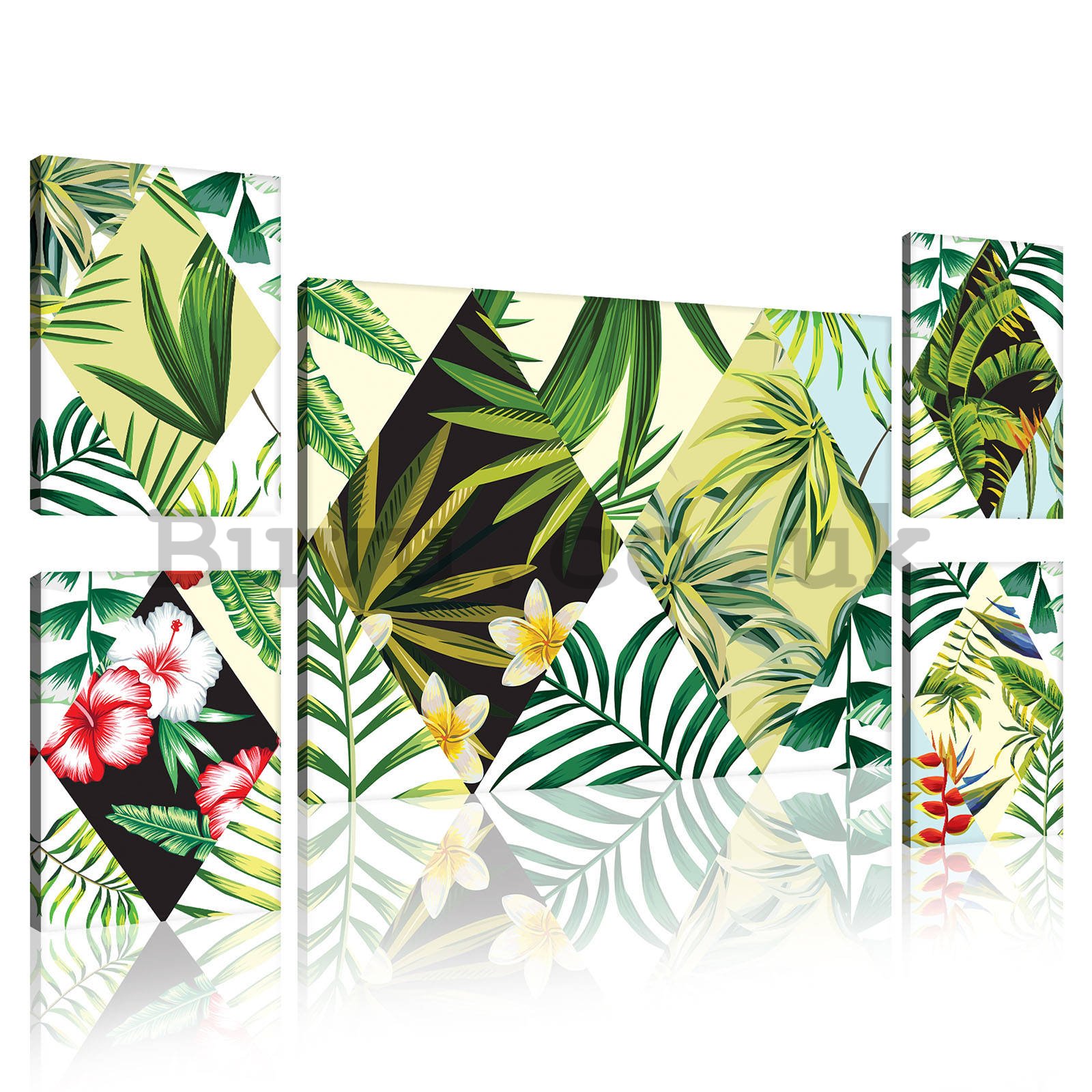 Painting on canvas: Painted tropical flora (3) - set 1pc 70x50 cm and 4pc 32,4x22,8 cm
