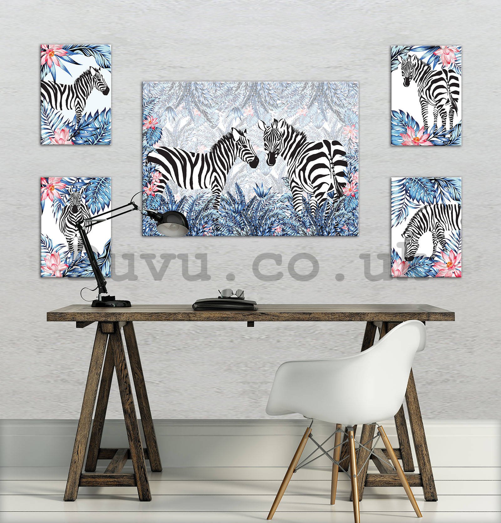 Painting on canvas: Painted zebras (1) - set 1pc 70x50 cm and 4pc 32,4x22,8 cm