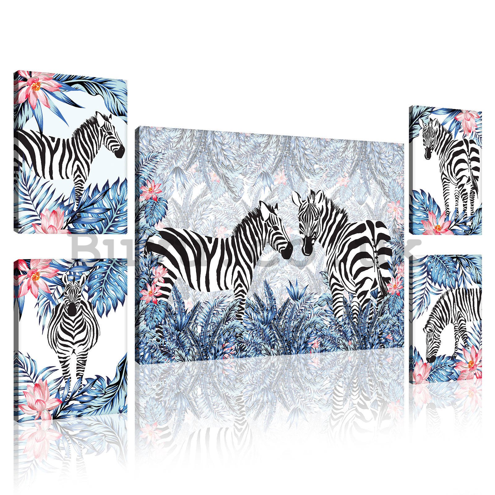 Painting on canvas: Painted zebras (1) - set 1pc 70x50 cm and 4pc 32,4x22,8 cm