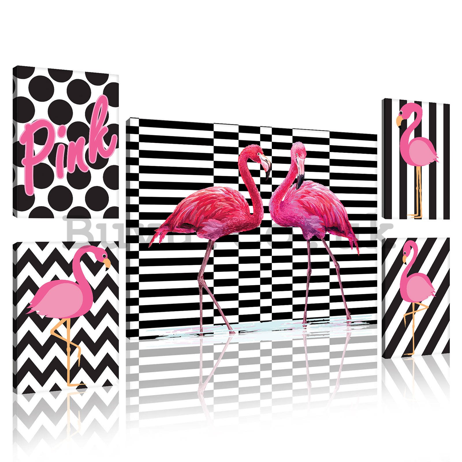 Painting on canvas: Pink flamingos - set 1pc 70x50 cm and 4pc 32,4x22,8 cm