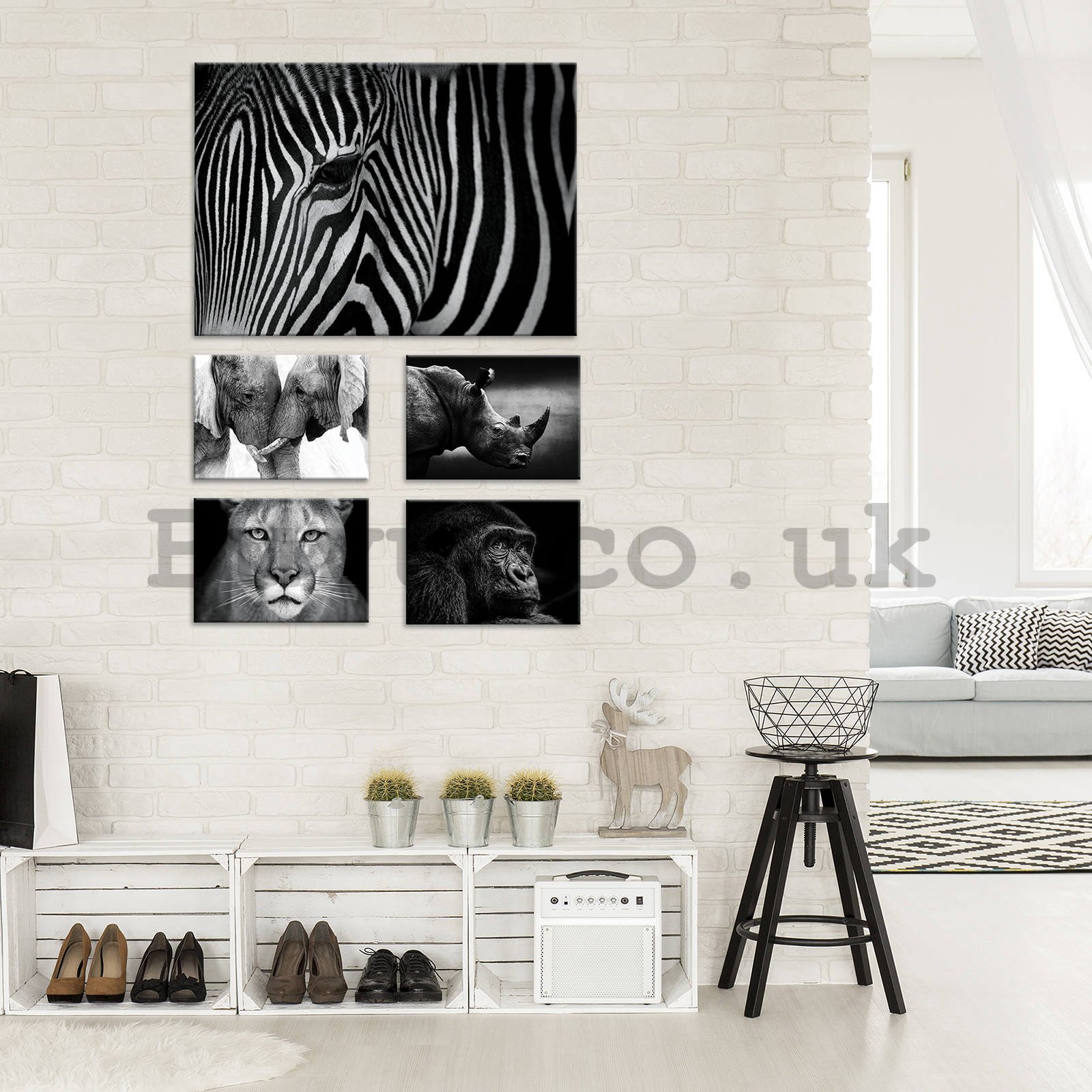 Painting on canvas: Black and white animals (2) - set 1pc 70x50 cm and 4pc 32,4x22,8 cm