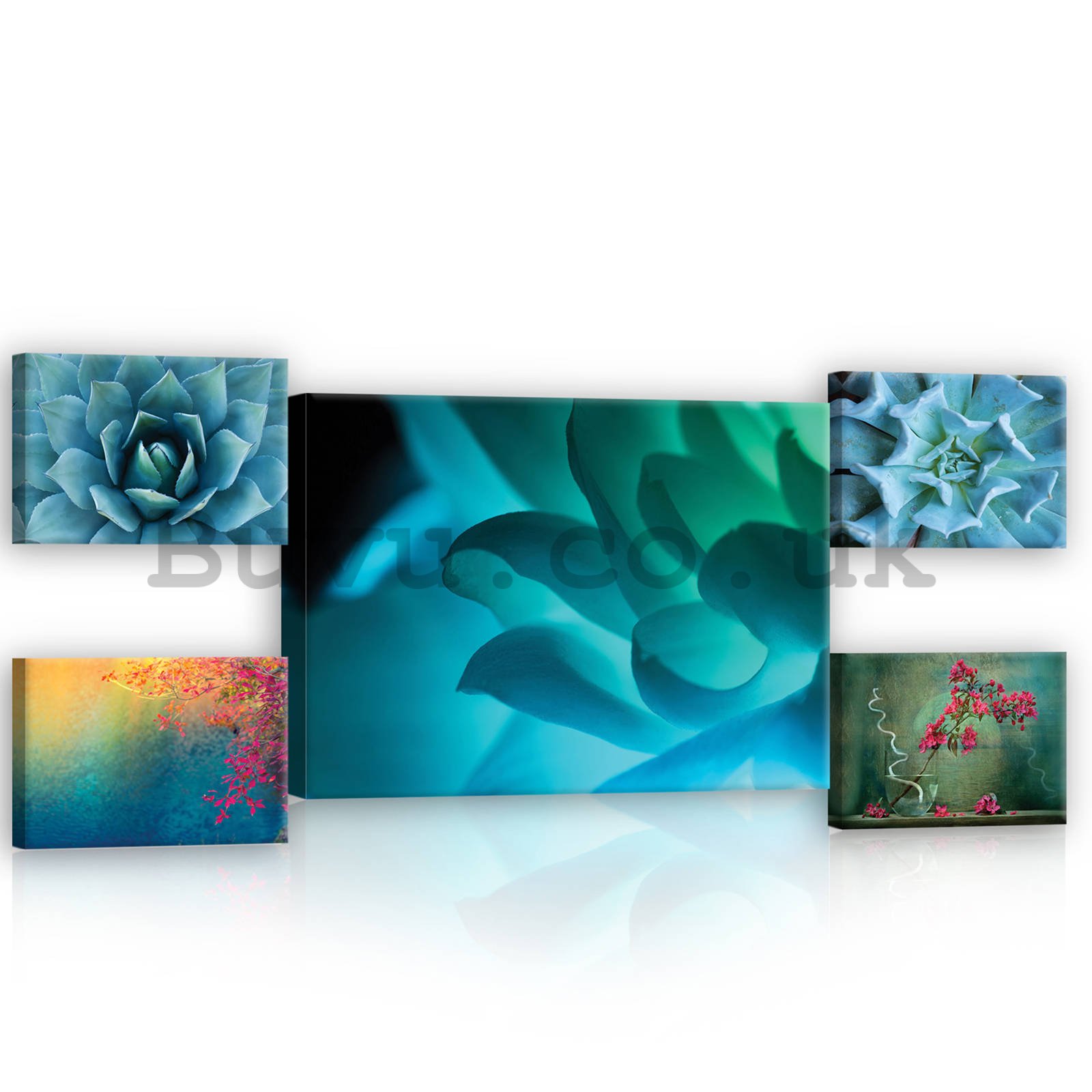 Painting on canvas: Brightly colored floral details - set 1pc 70x50 cm and 4pc 32,4x22,8 cm