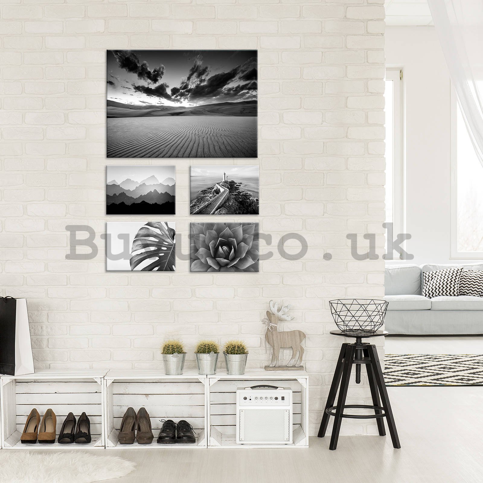 Painting on canvas: Black and white views (1) - set 1pc 70x50 cm and 4pc 32,4x22,8 cm