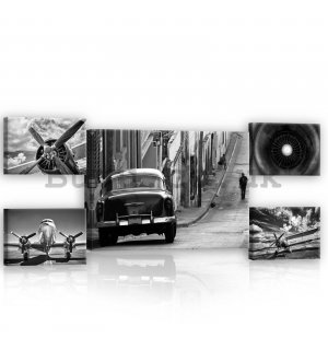 Painting on canvas: Black and white machines - set 1pc 70x50 cm and 4pc 32,4x22,8 cm