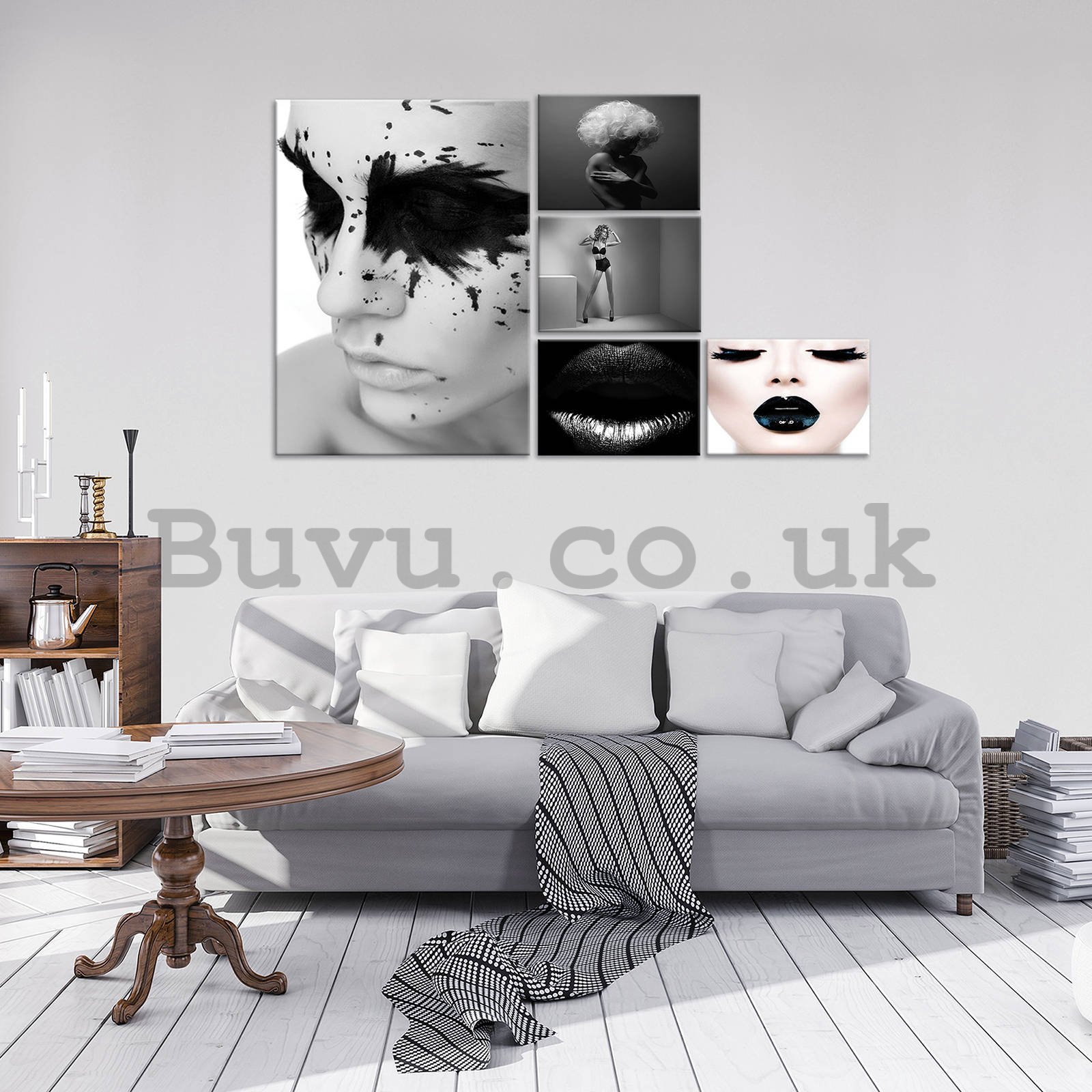 Painting on canvas: Black and white art (1) - set 1pc 50x70 cm and 4pc 32,4x22,8 cm