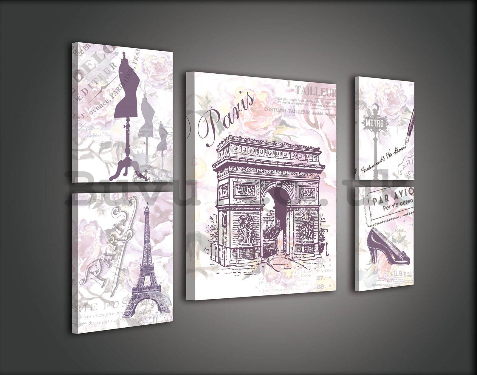 Painting on canvas: Landmarks of Paris (2) - set 1pc 50x0 cm and 4pc 32,4x22,8 cm