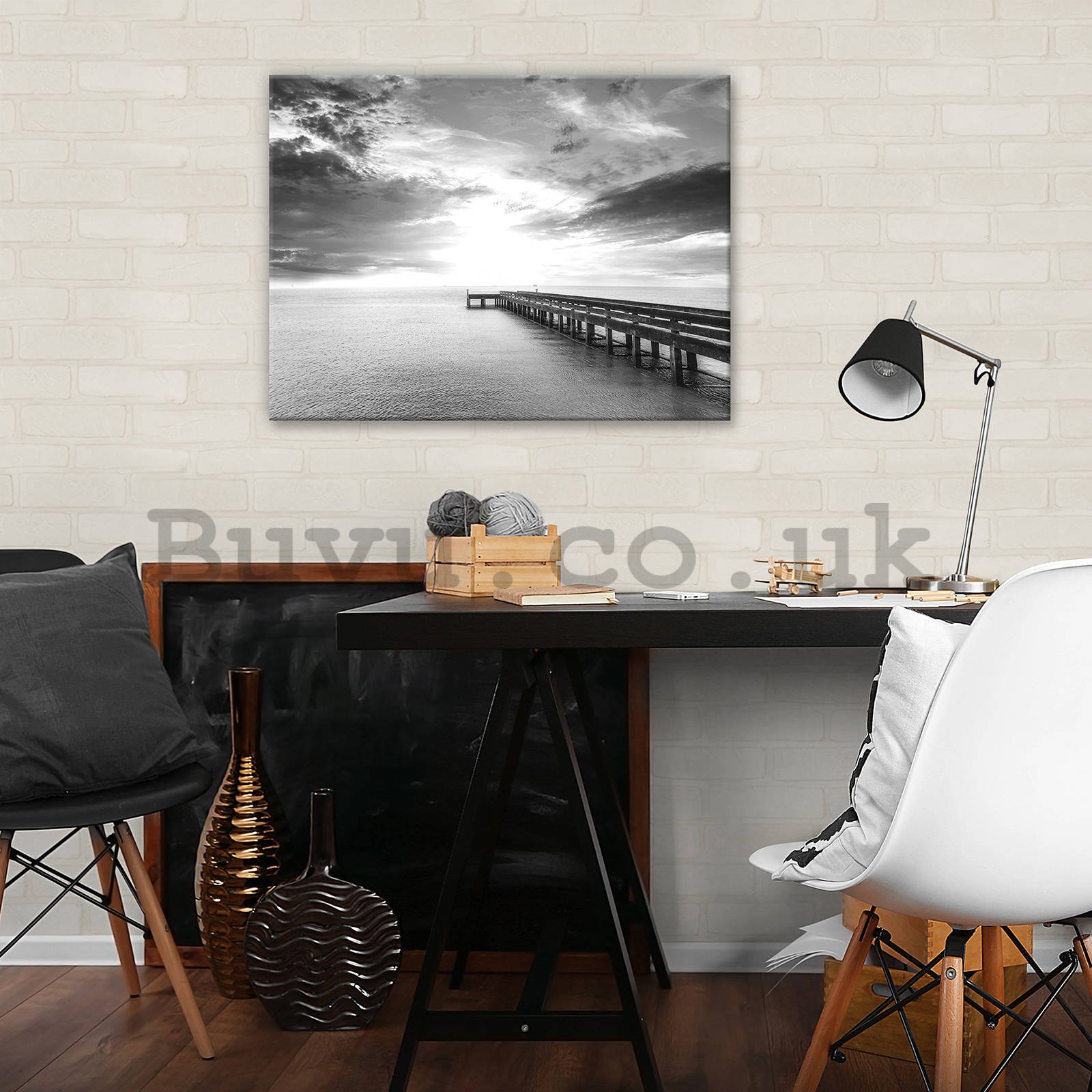 Painting on canvas: Long pier (black and white) - 80x60 cm