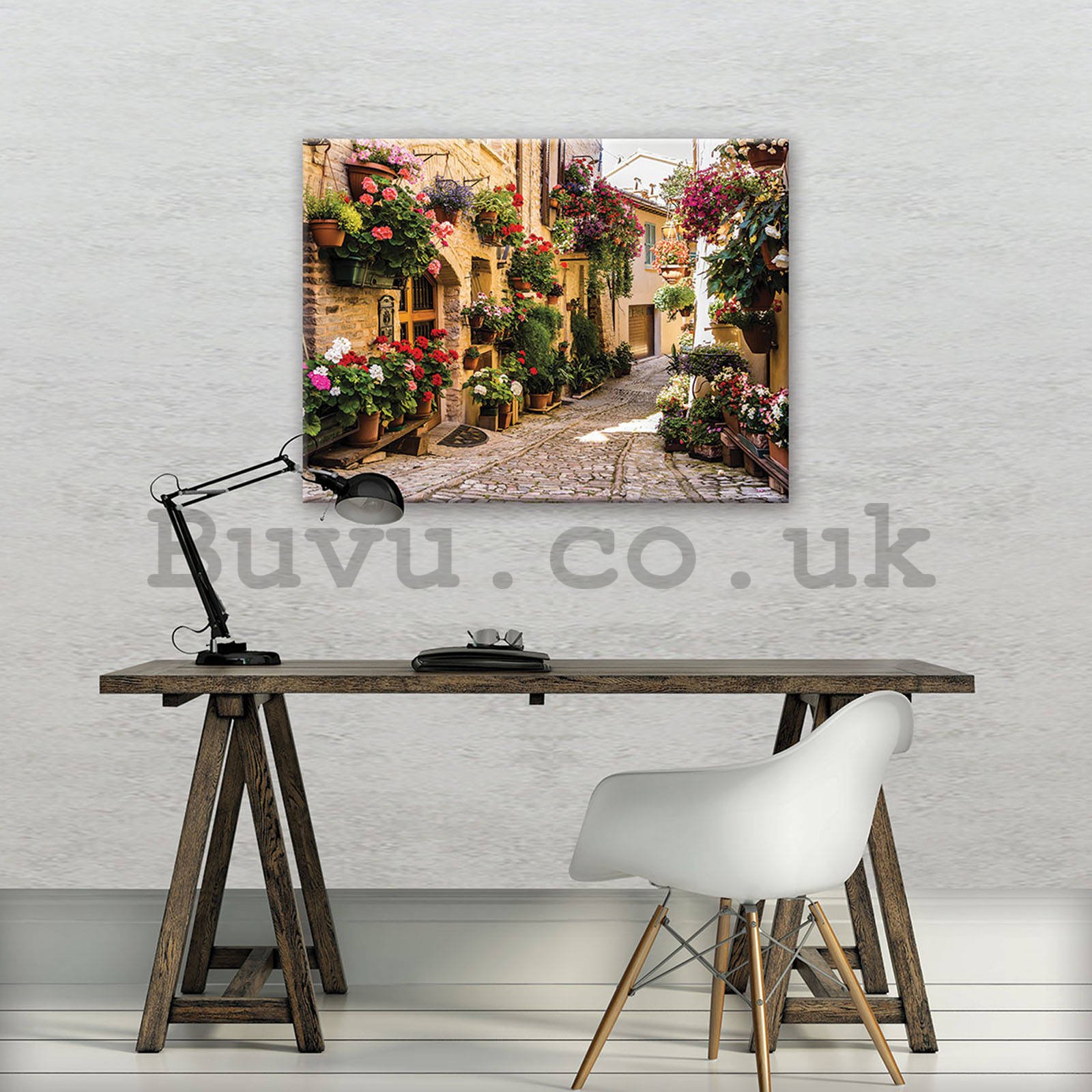 Painting on canvas: Street with flowers - 80x60 cm