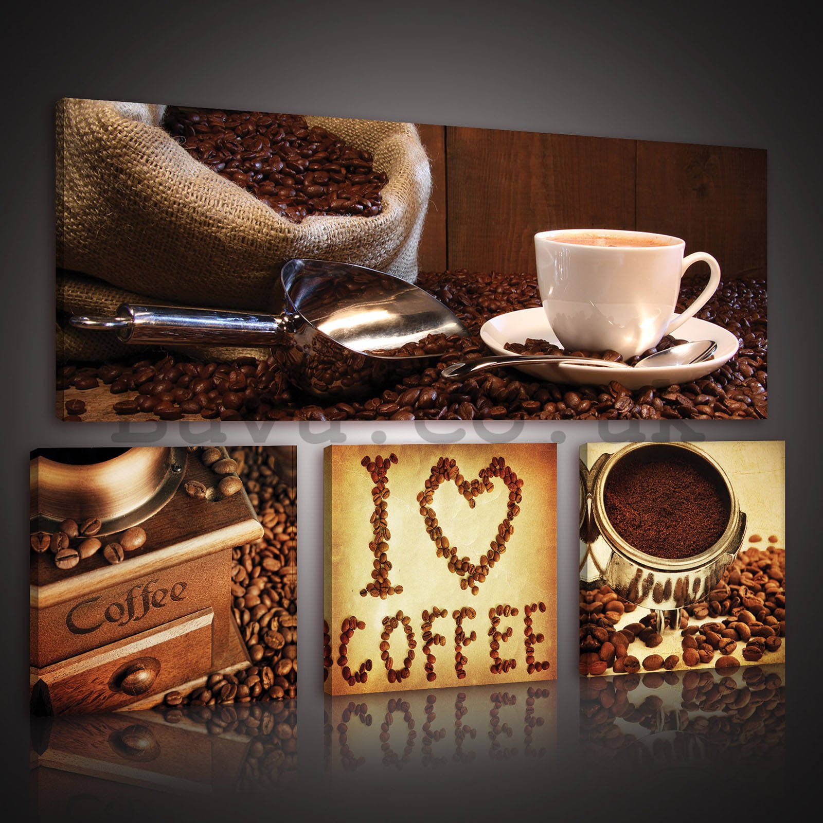 Painting on canvas: Coffee - set 1pc 80x30 cm and 3pc 25,8x24,8 cm