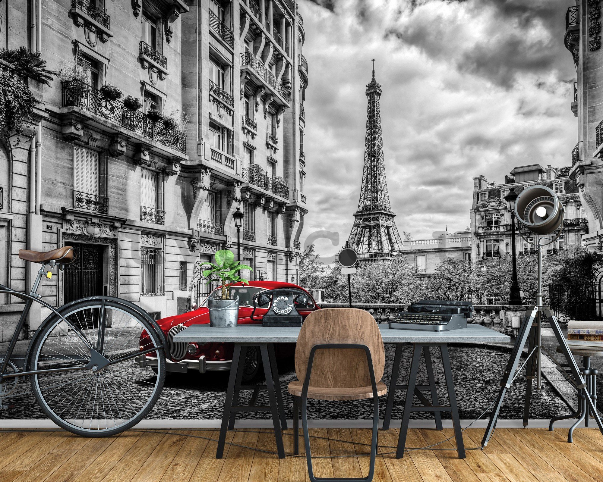 Wall mural vlies: Eiffel Tower and a Vintage Car (1) - 254x368 cm