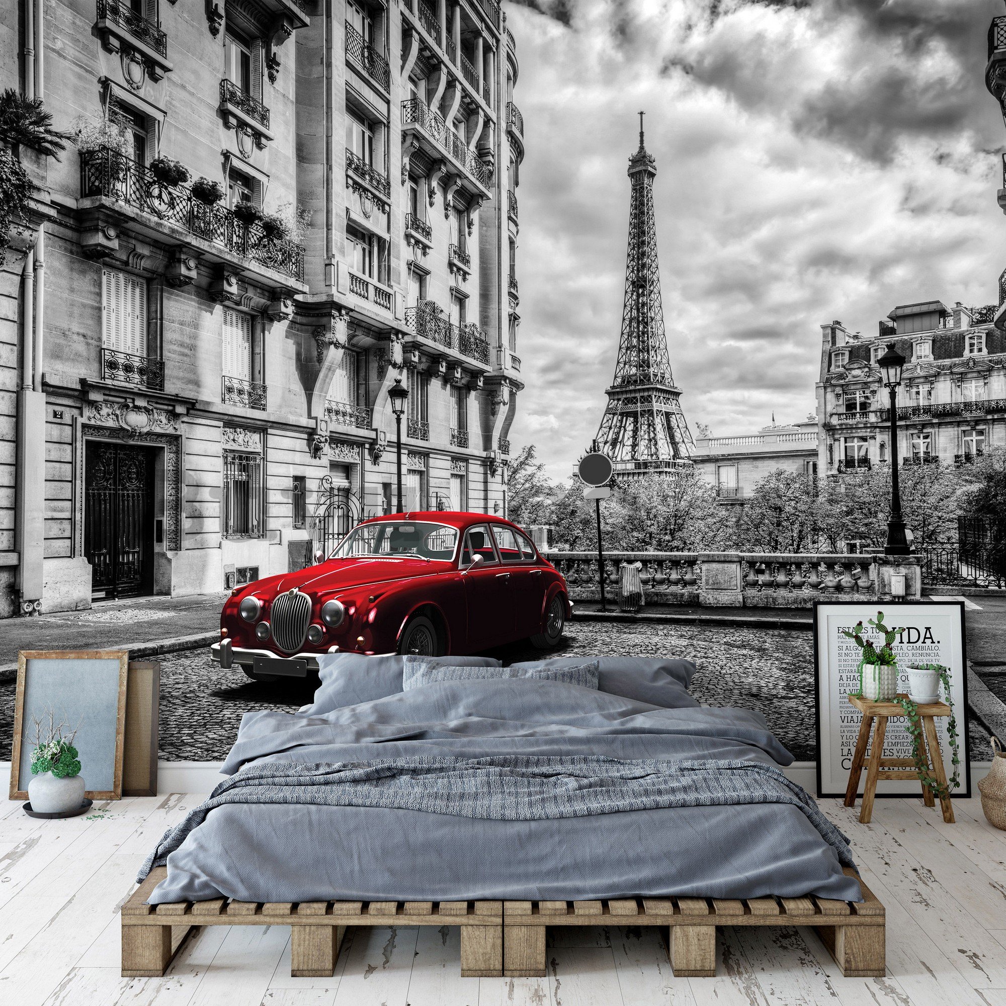 Wall mural vlies: Eiffel Tower and a Vintage Car (1) - 254x368 cm